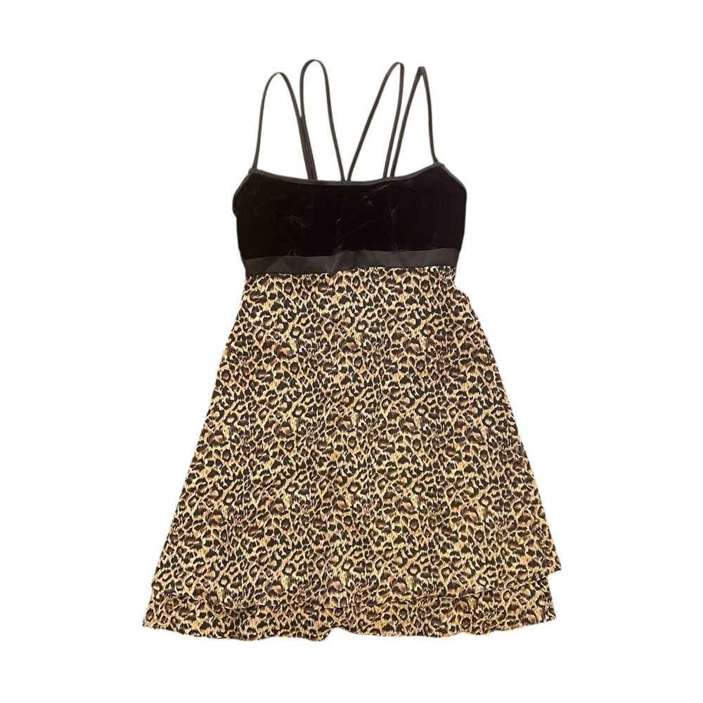 Anne Klein Y2K Black Leopard Print Dress Size 4 US Tiered Ruffle‎ Mini